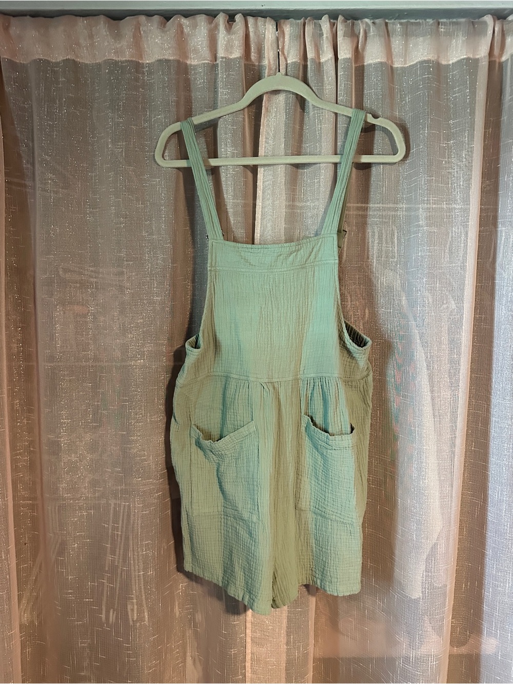 Pink Lily Sage Green Cotton Gauze Short Overalls